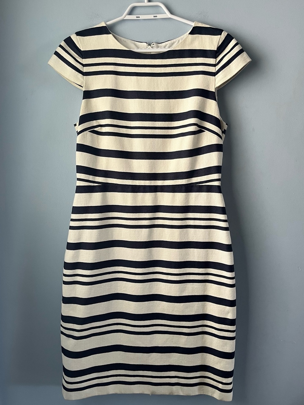 J. Crew Factory Suiting Cream Navy Stripe Cotton Cap Sleeve Sheath Dress Size 6